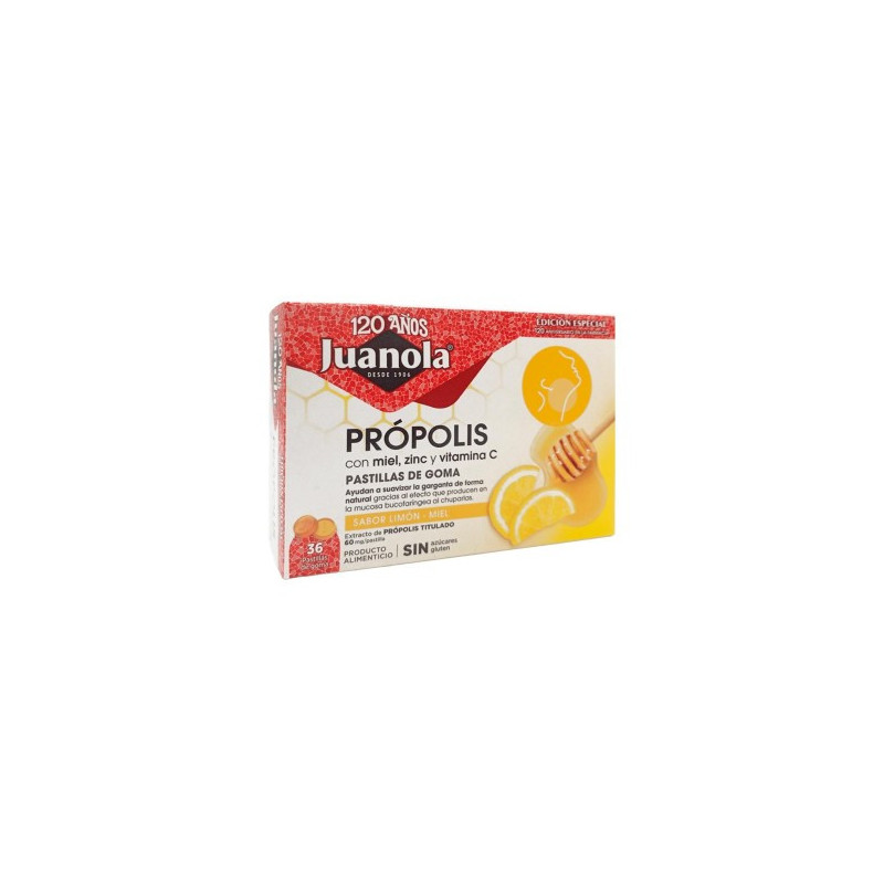 JUANOLA PROPOLIS MIEL ZINC Y VITAMINA C 36 PASTILLAS DE GOMA SABOR LIMON MIEL