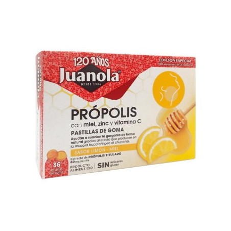 JUANOLA PROPOLIS MIEL ZINC Y VITAMINA C 36 PASTILLAS DE GOMA SABOR LIMON MIEL